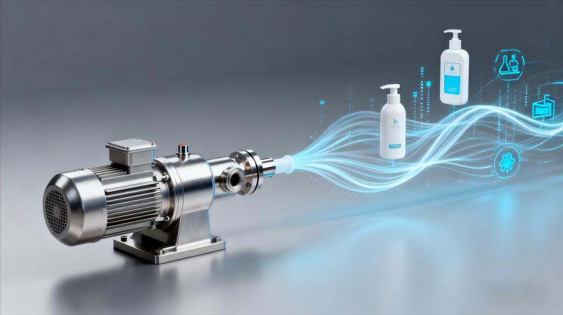 Innovative Sangyie hygienic rotor lobe pump at the center, with data streams flowing to icons for dairy, pharma, cosmetics, and beverage industries, symbolizing versatile fluid handling solutions.